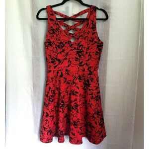 Y2K 90's I.N. San Francisco Red Black Floral Fit & Flare Cross Back Dress Size M